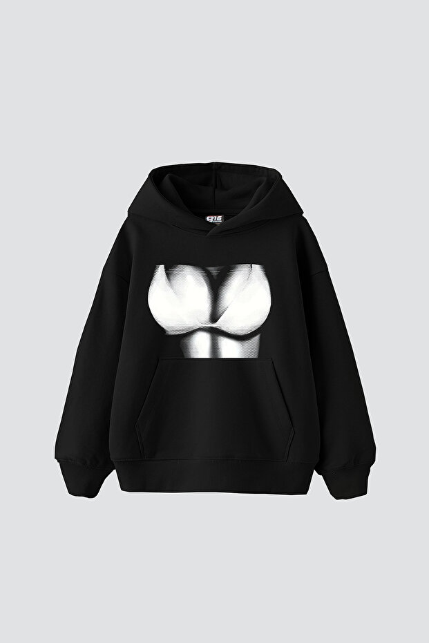 Silhouette Boobs Printed Oversize Unisex Black Hoodie