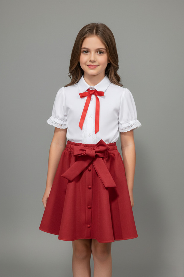 Girl's Red Bow Lace Embroidered White Shirt Red Flared Skirt Set October 29 April 23