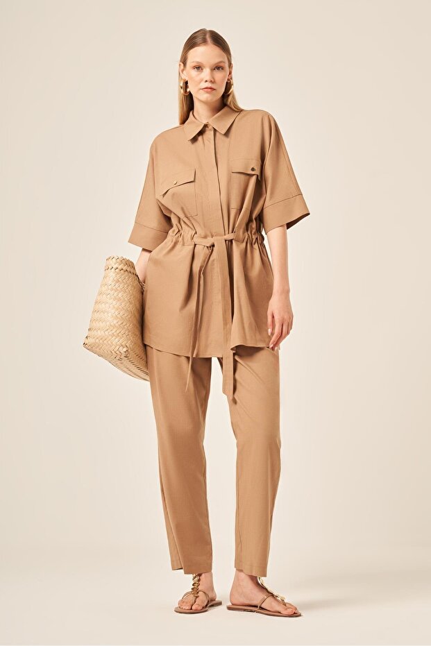 Women's Comfortable Fit Short Sleeve Linen Suit Mink 31196