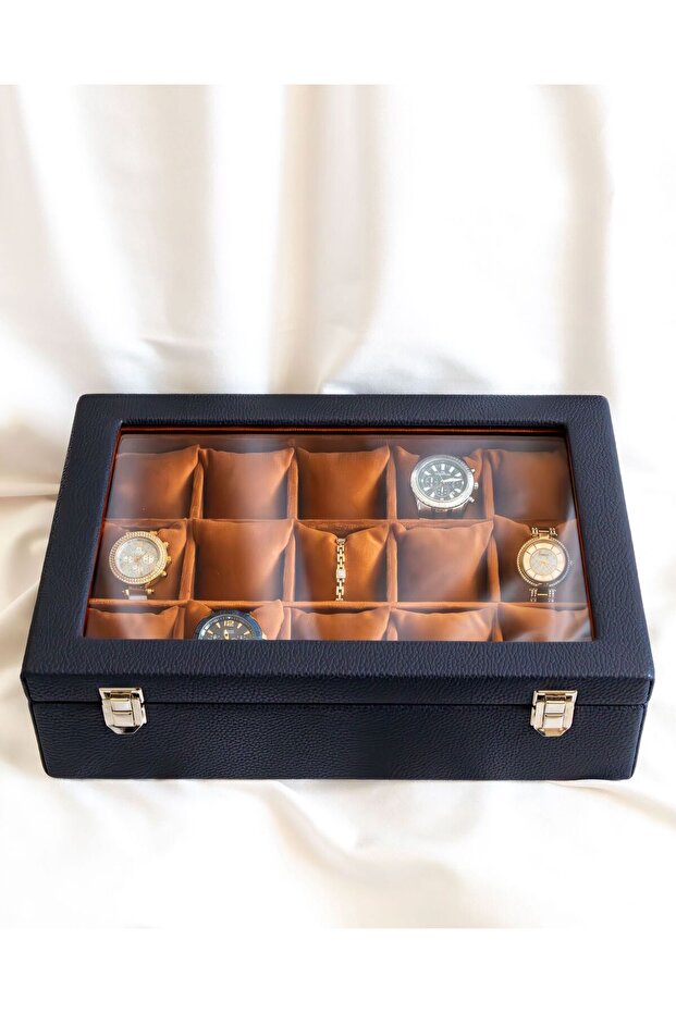 15-Piece Premium Watch Box, Navy Blue Faux Leather Covered, Special Production, Handmade