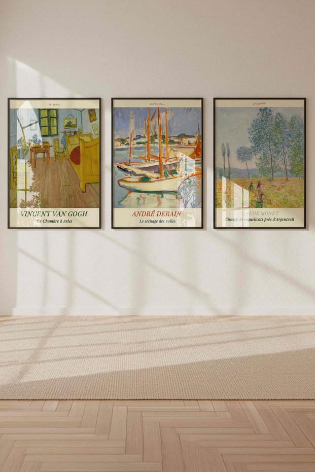 Monet, Van Gogh, Derain 3-Piece Framed Painting Set with Frame and Color Options