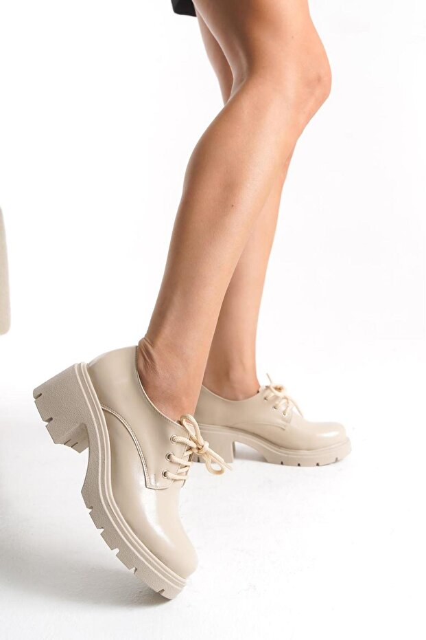 K-707 Bej Kırışık Rugan Yüksek Tabanlı Bağcıklı Loafer Ayakkabı - 2