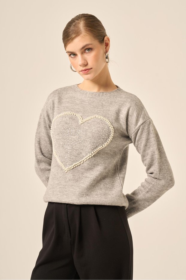 Women's Heart Stone Detail Şardon Sweater Gray 25214