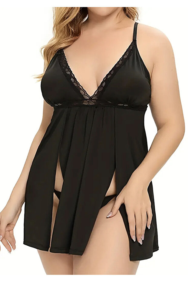 Dantelli Yırtmaçlı Gecelik - 1