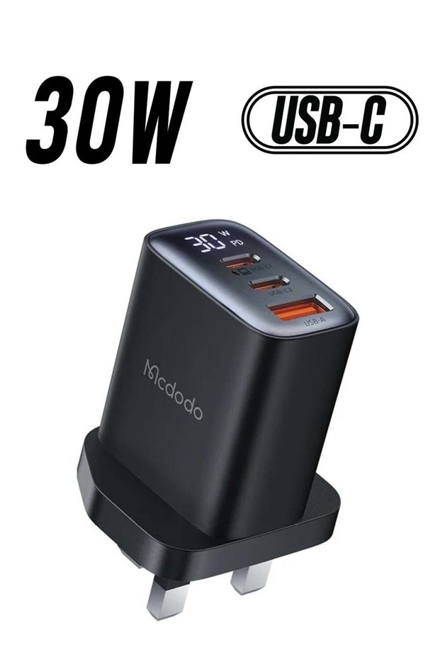 CH-2170 30W 3-Port Digital Display Fast Charger Dual Type-C+USB-A Black