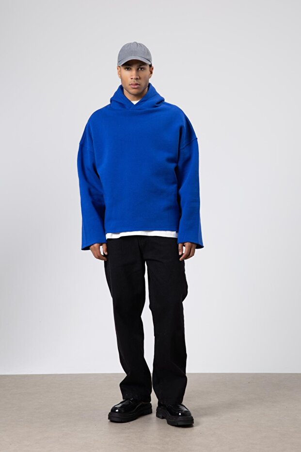 Basic Oversize Dikişsiz Kapüşonlu Sweatshirt Saks - 1