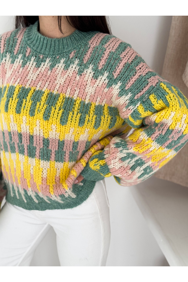 Patterned Soft Texture Ribbed Knit Sweater - 6