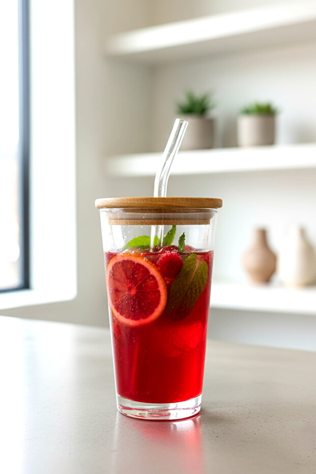 Bambu Kapaklı Cam Pipetli Şık ve Dayanıklı Cam Bardak (400 ml) - 1