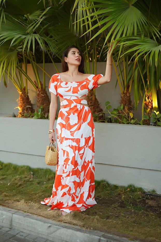 Coastal Grace Beachwear Dress – White & Orange Off-Shoulder Cover-Up