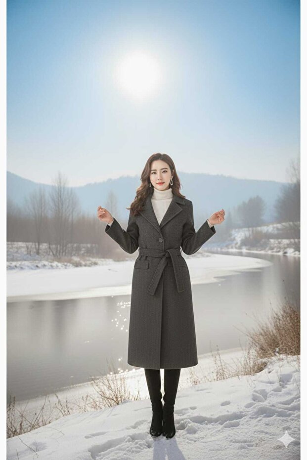 Women's Belted Buttoned Sleeves Oversize Cashemere Coat Syt 4615