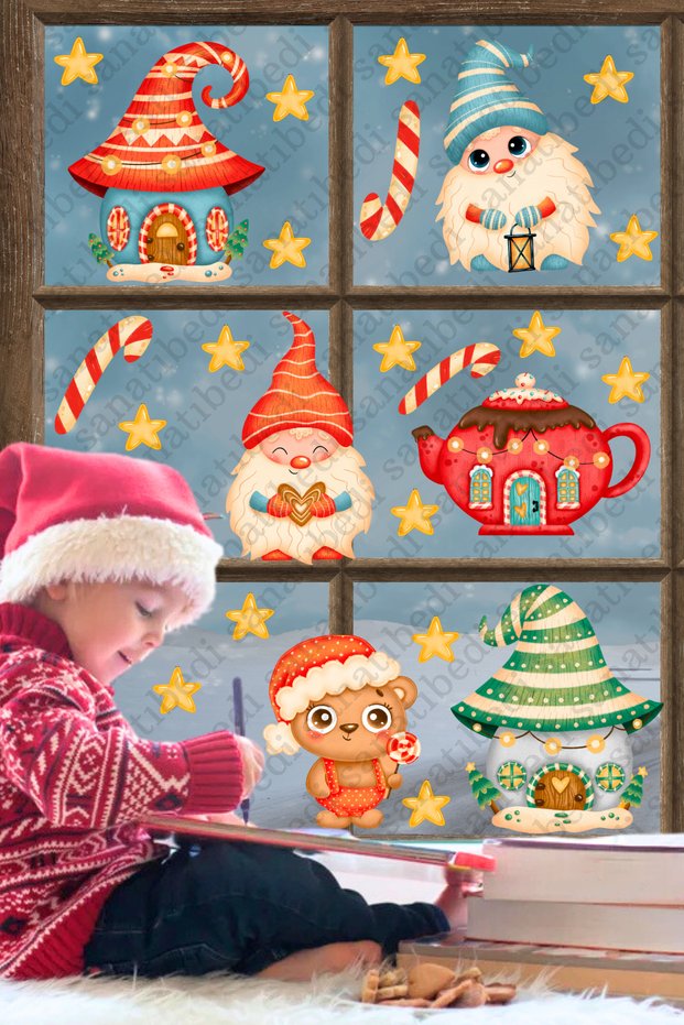 New Year Dwarf Village Themed Glass Window Door Ornament Sticker - New Year Waterproof Wall Sticker
