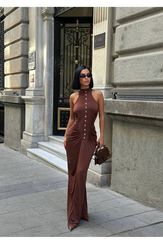 Women's Button Detail Draped Shirred Halter Neck Long Maxi Dress