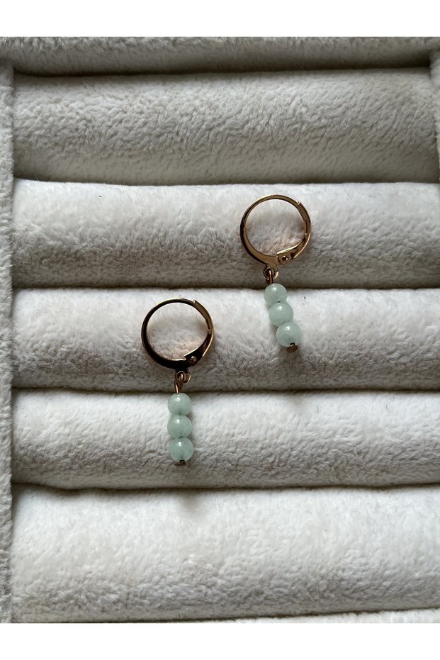 Minimal Amazonite Stone Rose Plated Hoop Earrings / Handcrafted