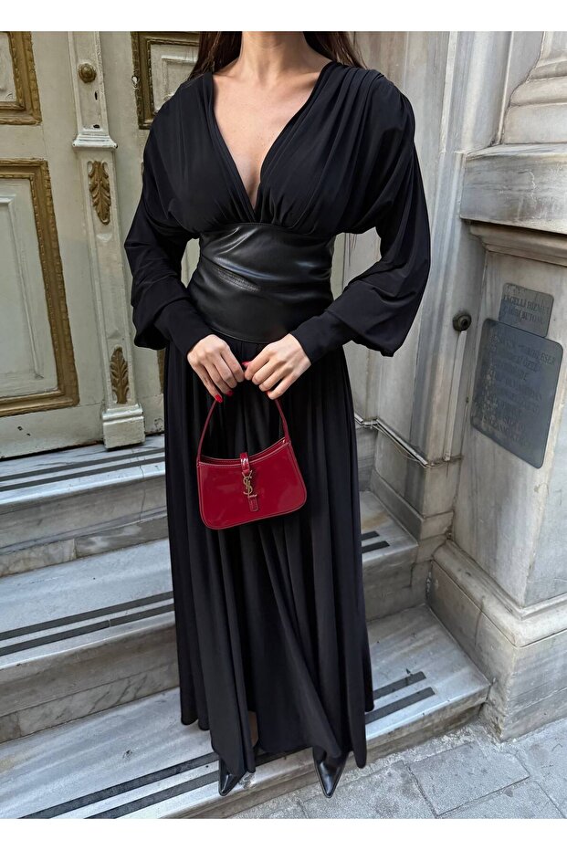 Black Leather Corset Padded Waist Tied Maxi Long Premium Dress
