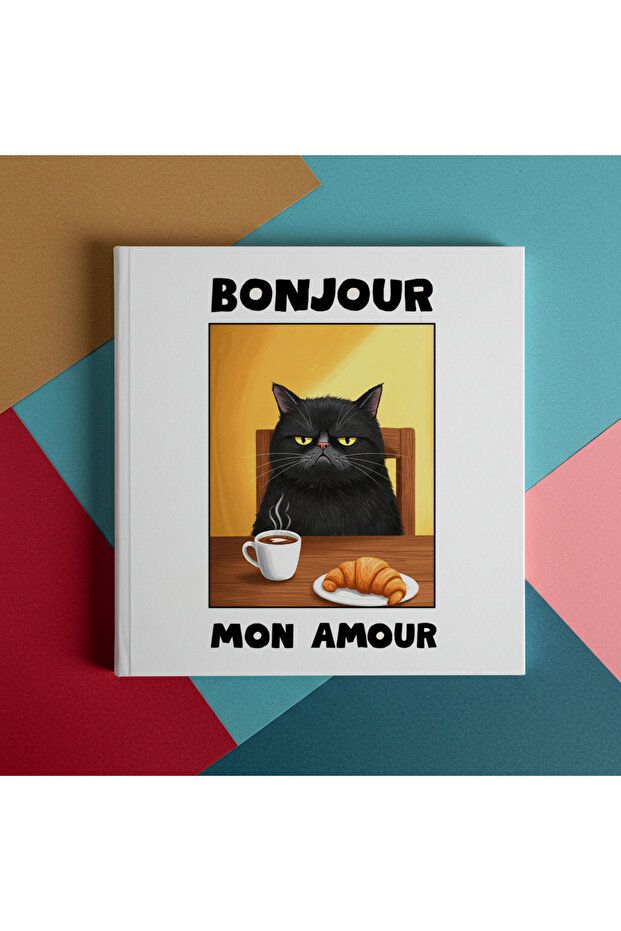 دفتر ملاحظات بغلاف صلب من الجلد الأبيض بدون خطوط (تصميم قطة) 21x21 سم