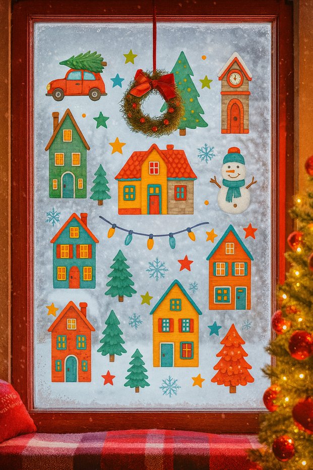 New Year Snowy City New Year Children's Baby Room Sticker Set, New Year Window Glass Door Wall Sticker