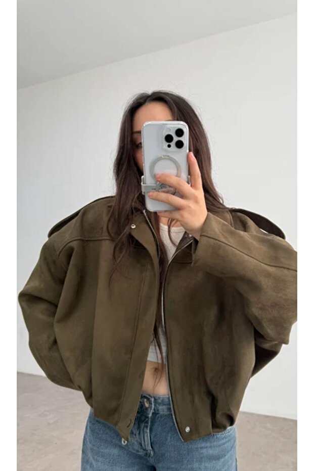Oversize Bomber Soft Süet Ceket - 4