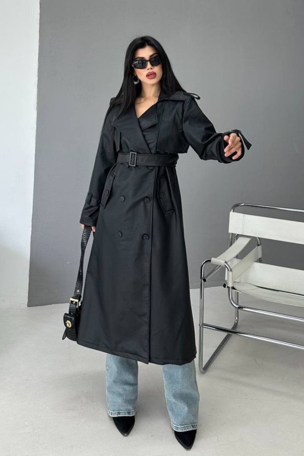 Women's Long Faux Leather Belted Buttoned Pocketed Slit Double-Breasted Collar Trench Coat