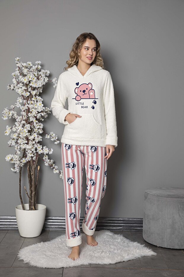 Welsoft Hooded Kangaroo Pocket Long Sleeve Plush Soft and Warm 2-Piece Pajama Set
