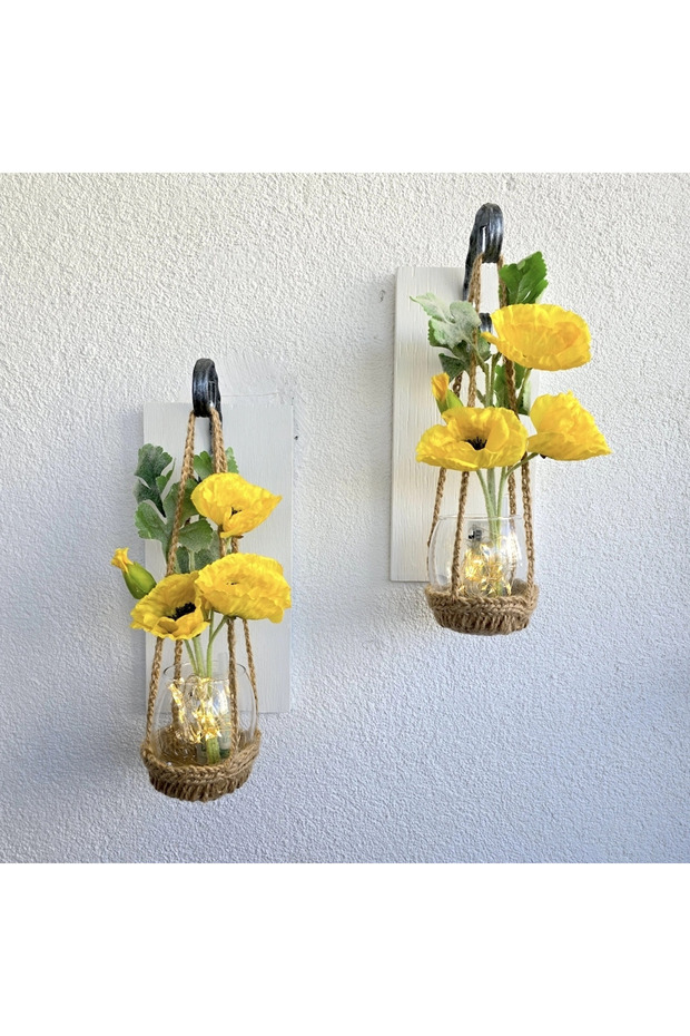 Duvar Dekoru, Led Işıklı, Sarı Gelincik Çiçekli, Beyaz Aplik İkili Set - 2