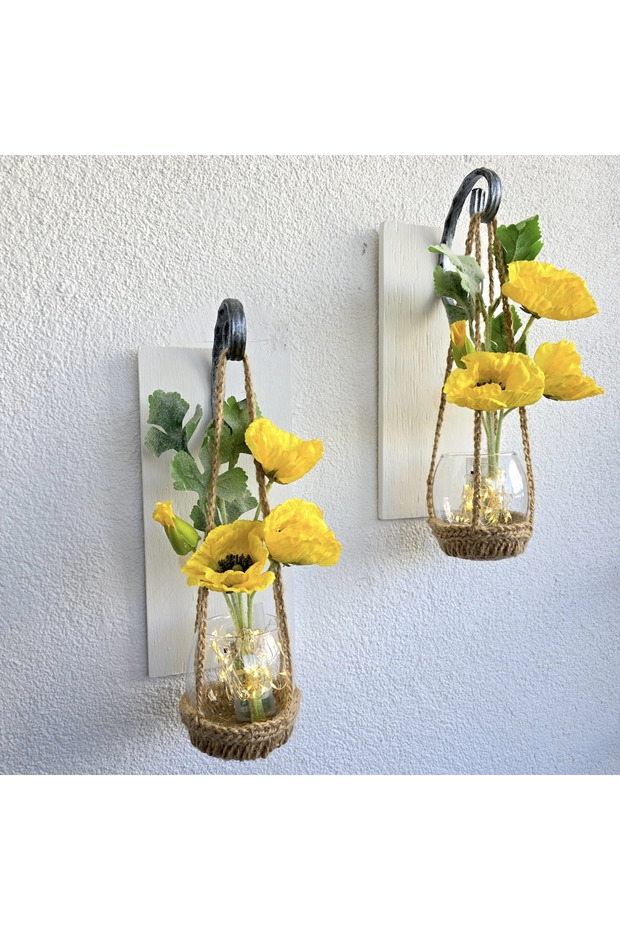 Duvar Dekoru, Led Işıklı, Sarı Gelincik Çiçekli, Beyaz Aplik İkili Set - 1