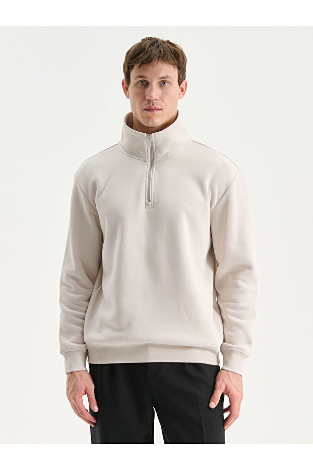 Özmarka New Season Zippered Stand Collar Men's Thick Sweatshirt