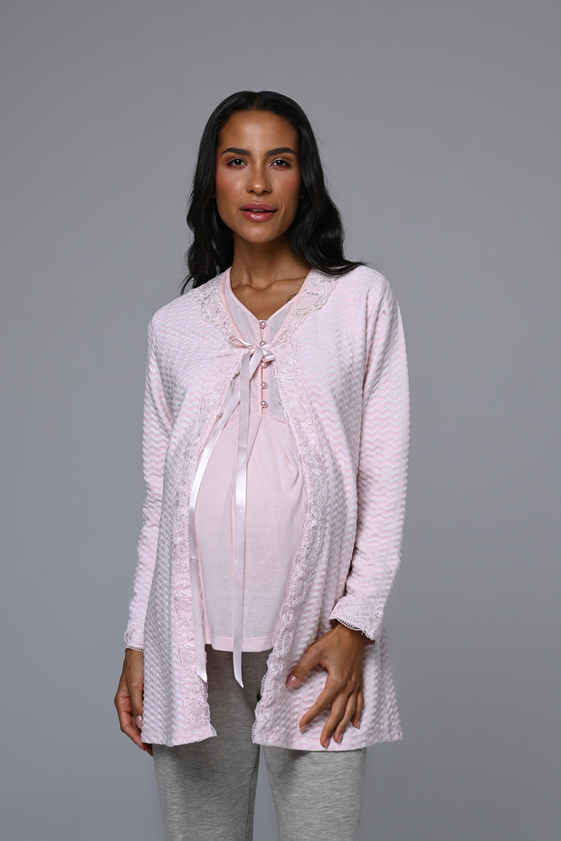 Women's Pink Melange Jacquard Winter Lace Detailed Design Maternity Pajama Set