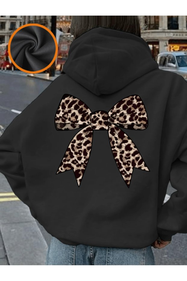 Unisex Black Leopard Ribbon Printed Hooded Sweatshirt