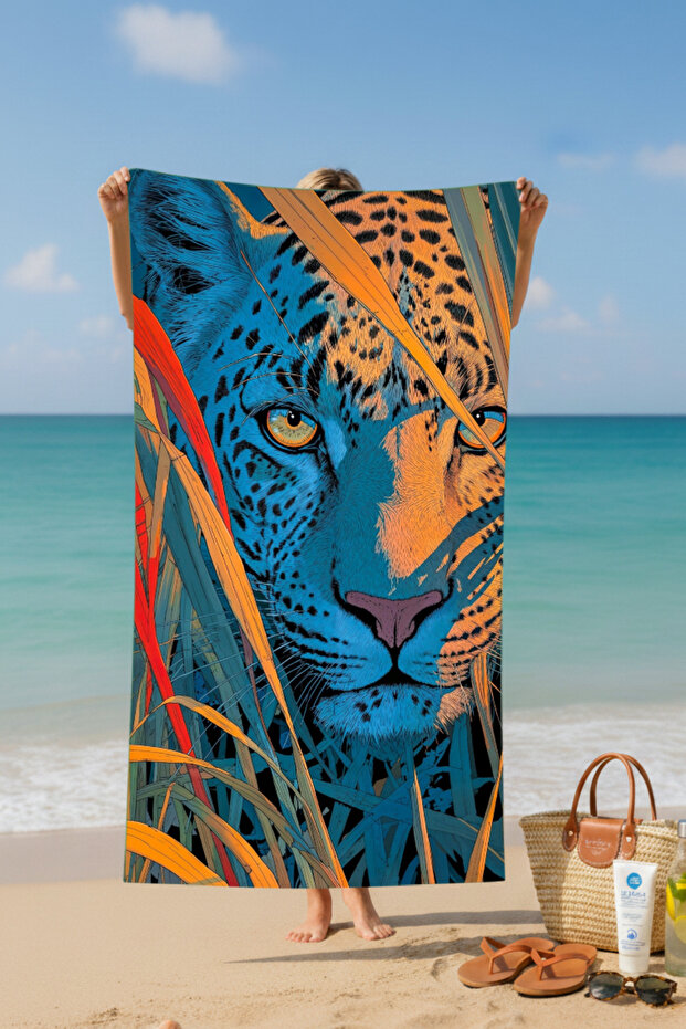 منشفة شاطئ قطنية بنقشة الفهد – تصميم منقوش – 75x150 سم - 3