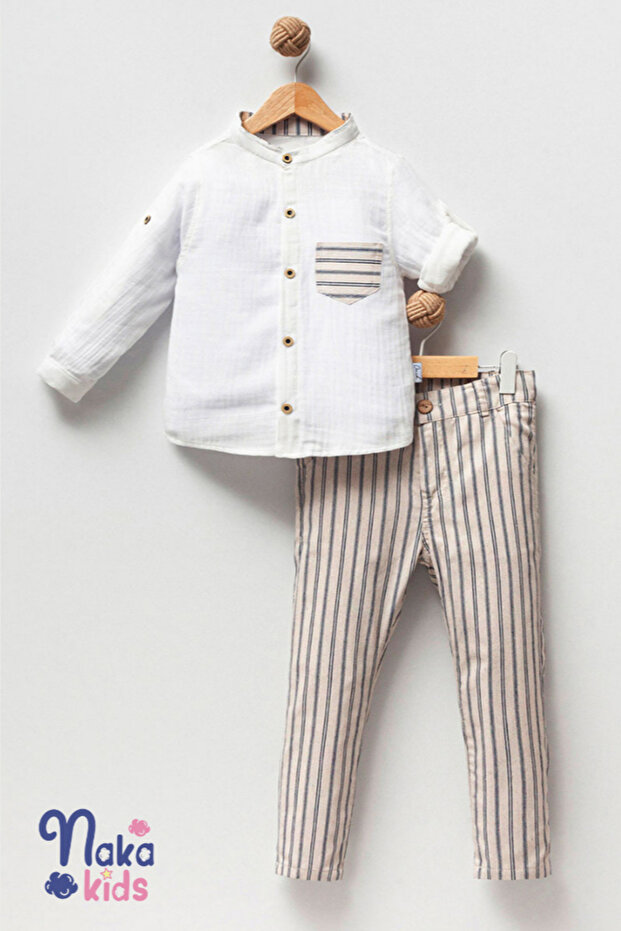 Striped Trousers and Pocketed Shirt Linen 2-Piece Boys' Set