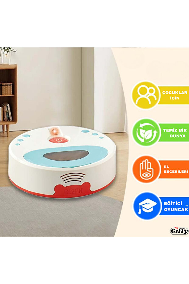 Oyuncak Pilli Robot Süpürge Sesli Ve Işıklı Gerçek Süpürme Özelliği Ve Farklı Yönlere Giden Robot - 9