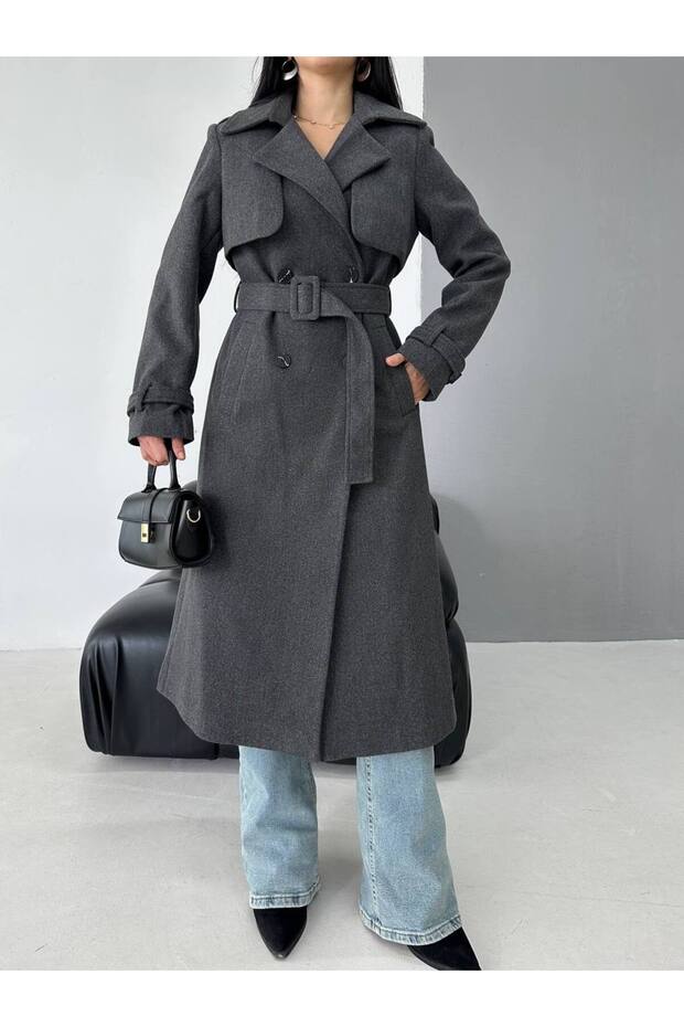Women's Premium Winter Waist Belted Cape Detailed Cashmere Coat