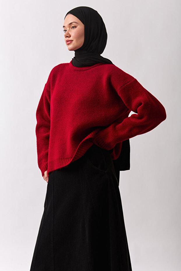 Biyeli Oversize Kazak Kırmızı - 7