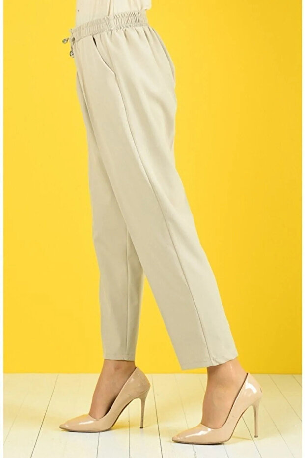 Women's Stone Beige Elastic Waist Ankle Length Double Fabric Trousers