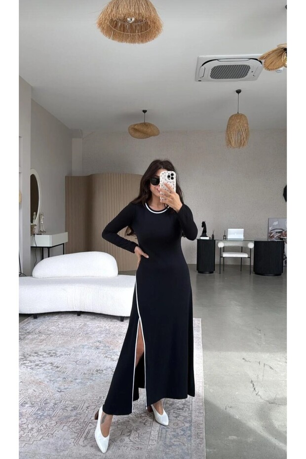 Siyah Biyeli Yırtmaçlı Modal Elbise - 1