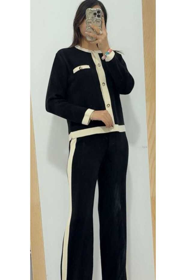 Women's Button Detailed Cardigan Pants Bottom Top Two-Piece Knitwear Set