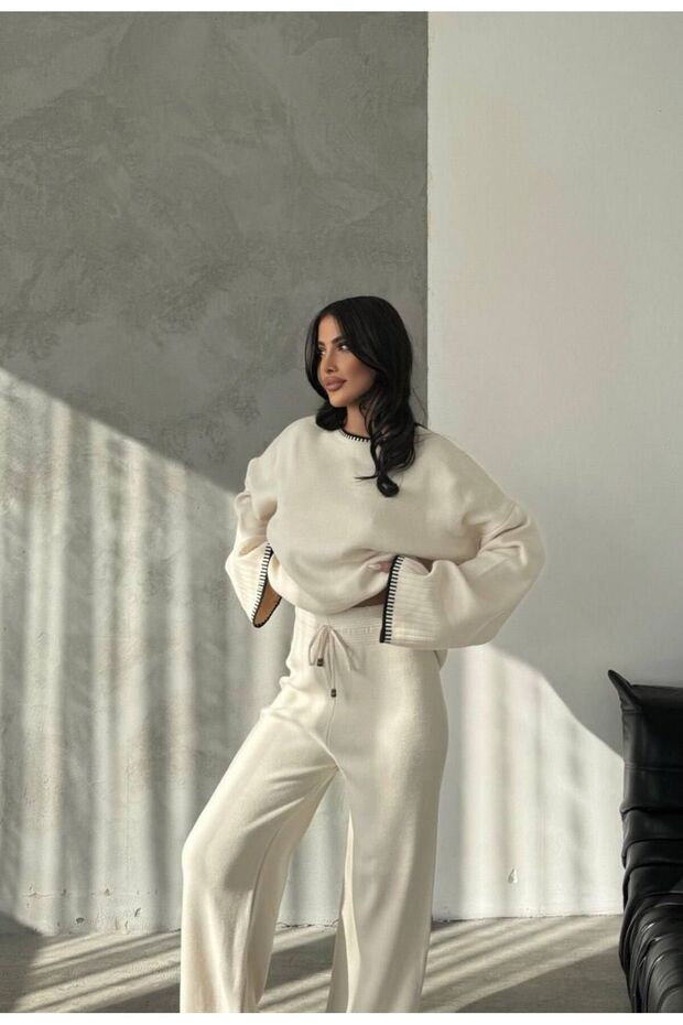 Kadın Krem Çoban Dikiş Oversize Kazak Pantolon Örgü Triko Alt Üst Takım - 1