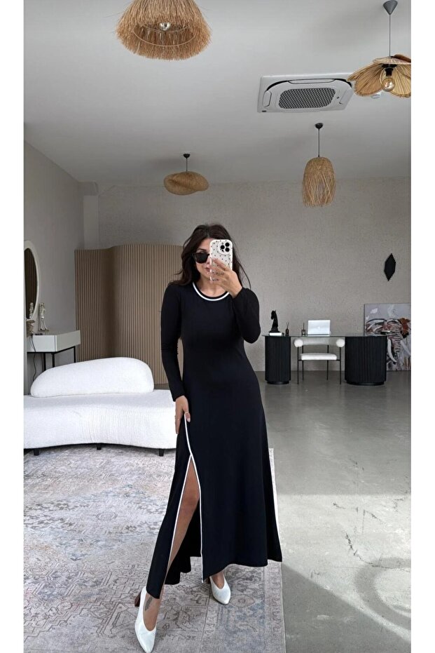 Siyah Biyeli Yırtmaçlı Modal Elbise - 2