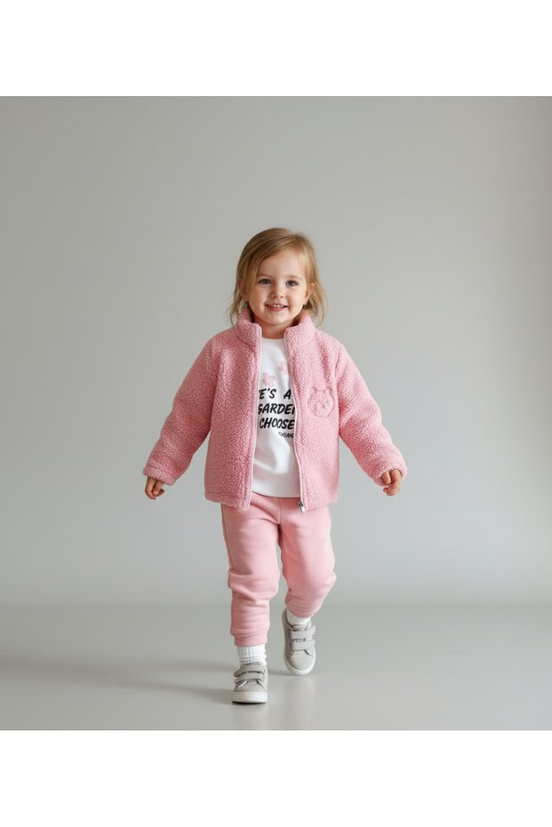 Cat Embroidered Plush Cardigan, Printed Sweatshirt and Sweatpants 3-Piece Girls' Set