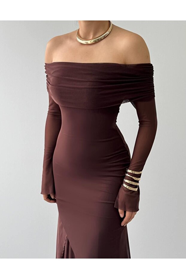 Kahve Madonna Yaka Astarlı Nişan Davet Premium Tül Elbise - 8