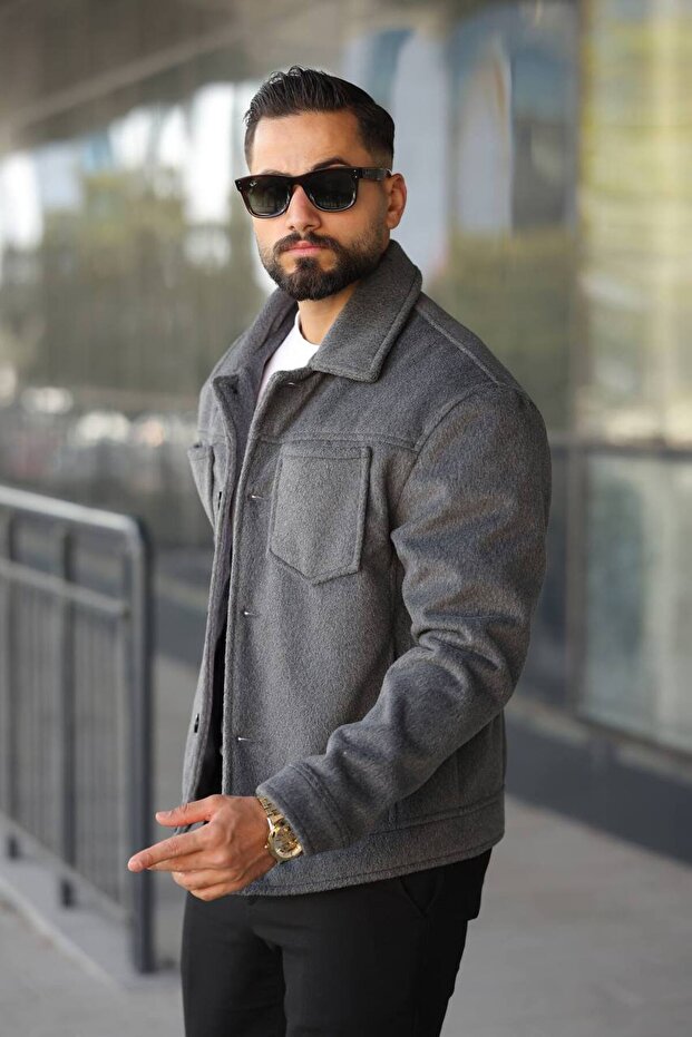 New Season Oversize Pocket Detailed Trendy Cashmere Men's Jacket
