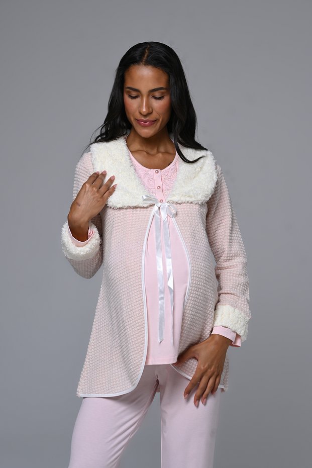 Women's Powder Lace Patterned Winter 100% Cotton Maternity Maternity Dressing Gown Pajamas Set