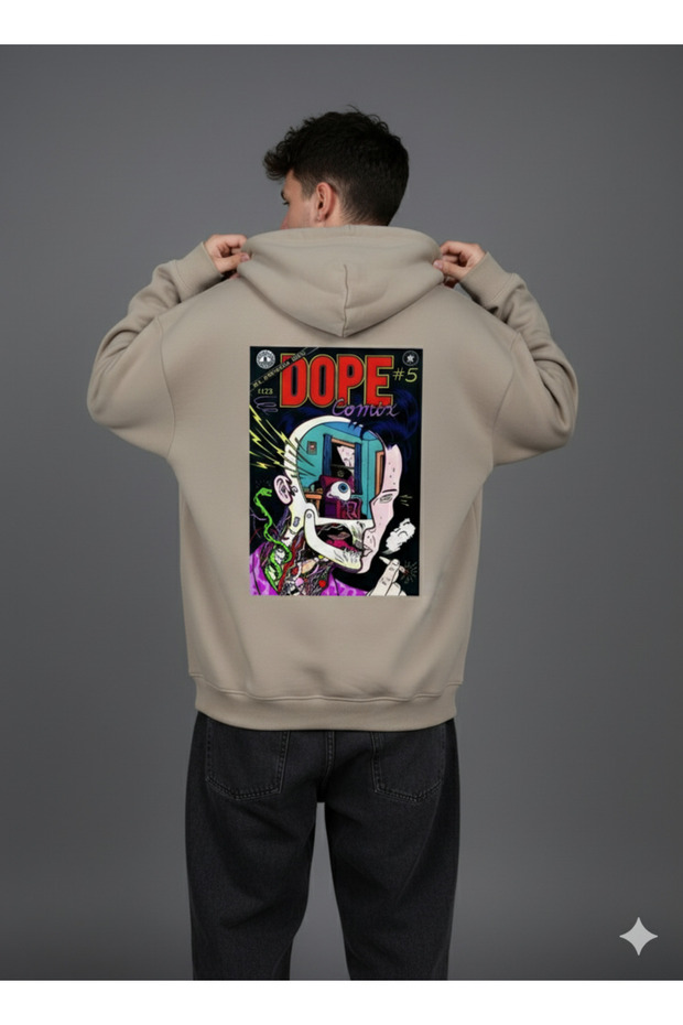 Lenithra Dope Back Printed Unisex Oversize Beige Hoodie