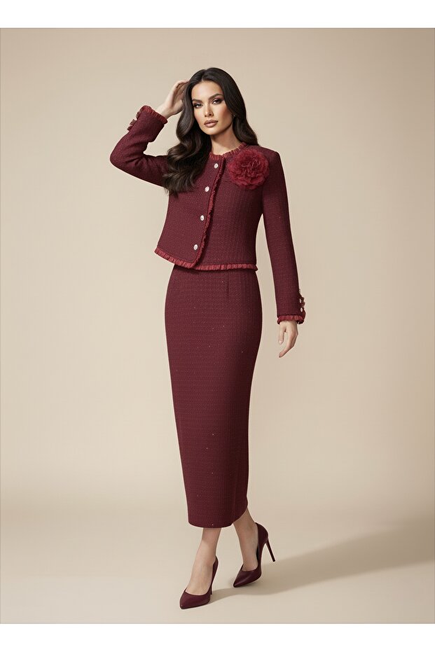 Women's Imported Tweed Fabric Rose-Detail Lined Jacket and Skirt Custom Design Top and Bottom Set