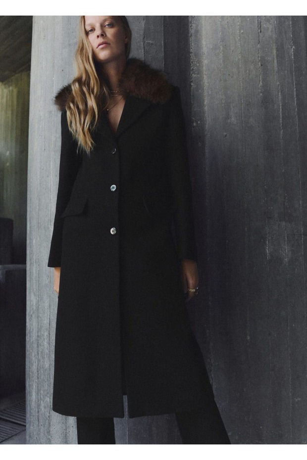 Kürk yaka yün palto - 1