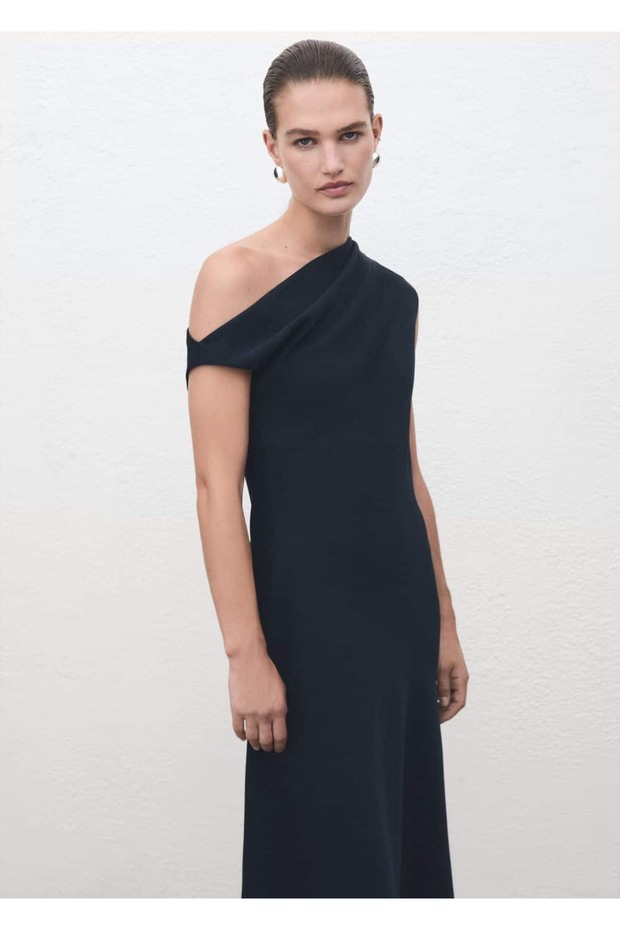 Asimetrik yaka evaze elbise - 1