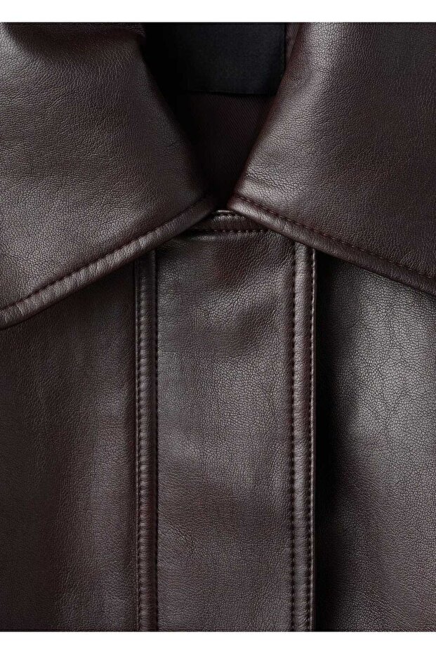 Oversize deri görünümlü ceket - 5