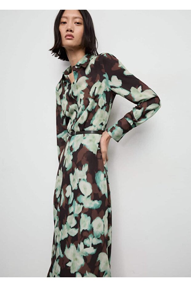 Kemerli desenli gömlek elbise - 1