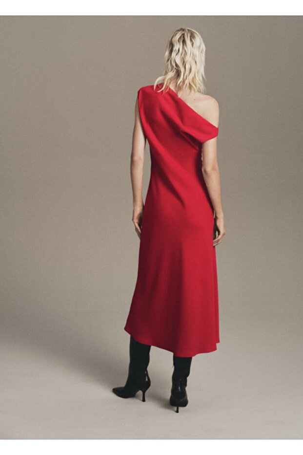 Asimetrik yaka evaze elbise - 4