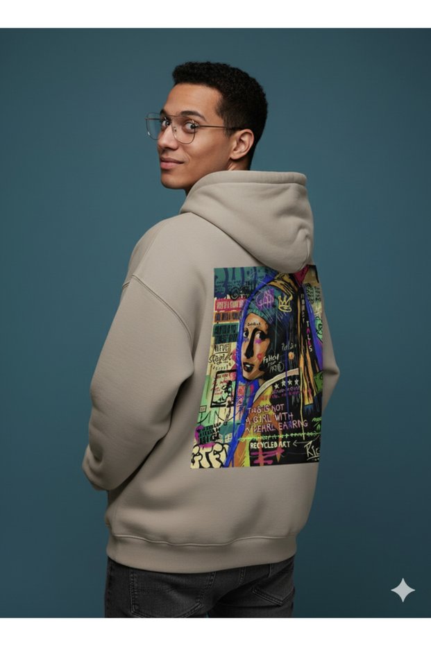 Lenithra Pearl Earring Girl Back Printed Unisex Oversize Beige Hoodie